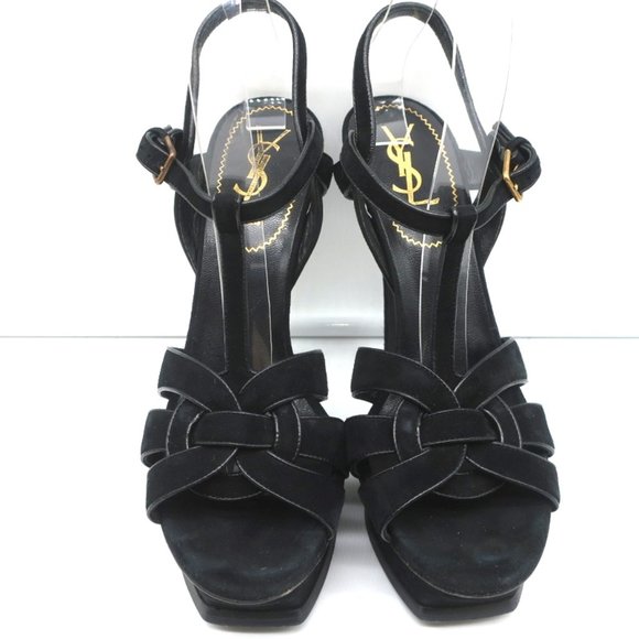 YVES SAINT LAURENT TRIBUTE PLATFORM SANDALS BLACK LEATHER-TRIM SUEDE SIZE 39 - Picture 3 of 11